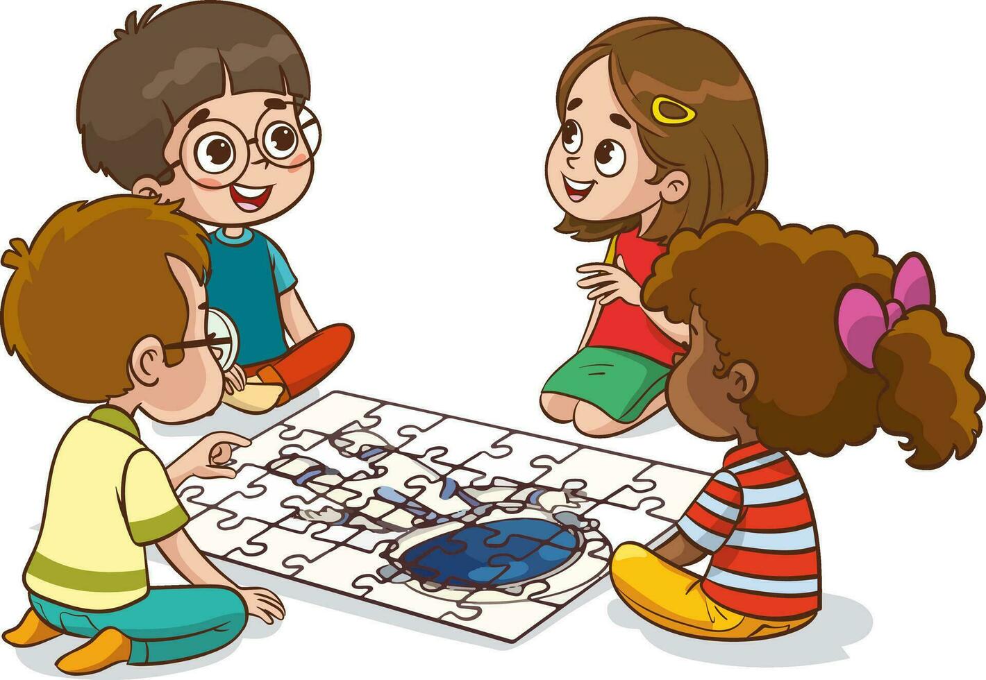 vector illustration of kids playing puzzles