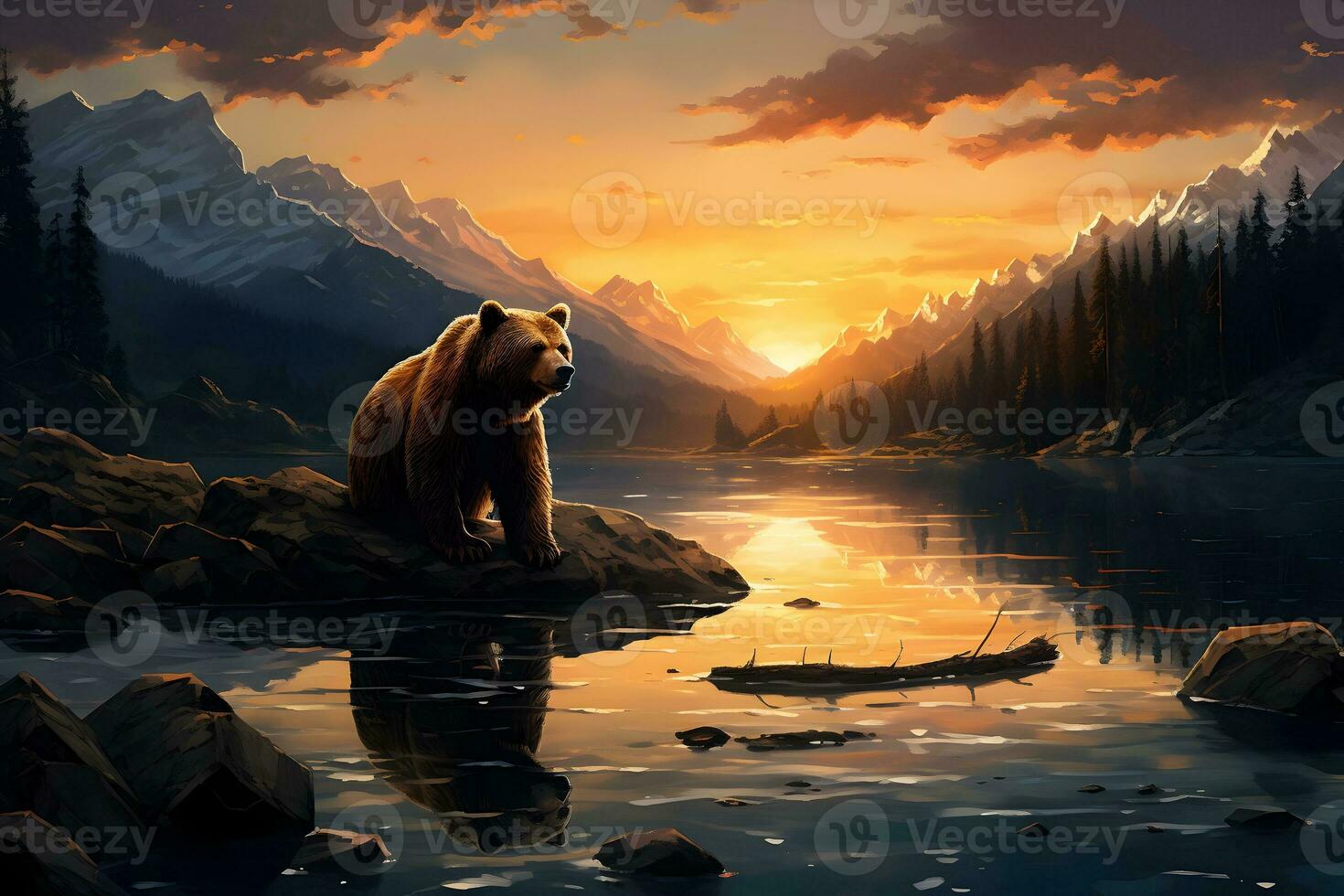 Brown Bear Sitting on the Rock on the Lake Side at the time of Sunset - Generative AI photo