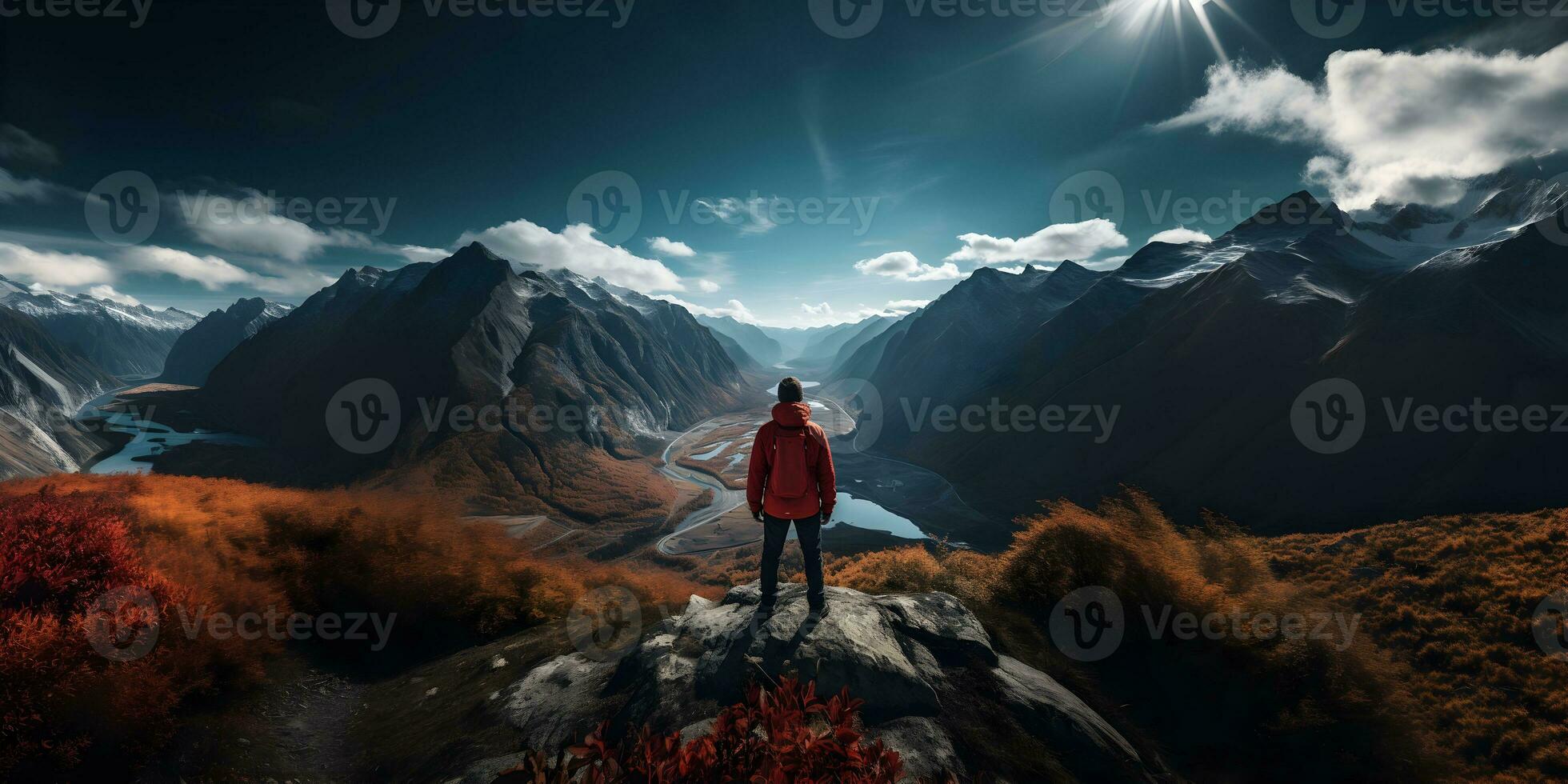 un hombre en reg chaqueta, mirando en el Valle de montañas, en pie en el borde de montaña - generativo ai foto