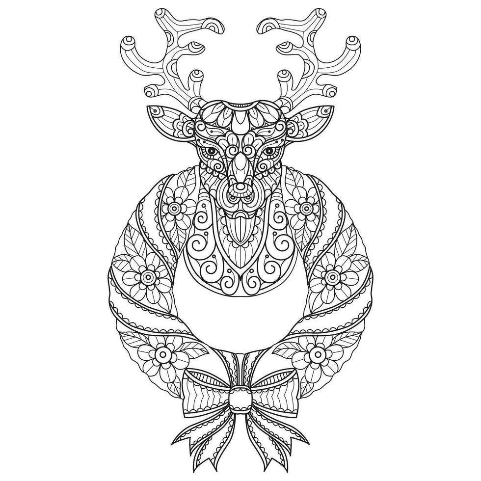 Reindeer and wreath hand drawn for adult coloring book vector