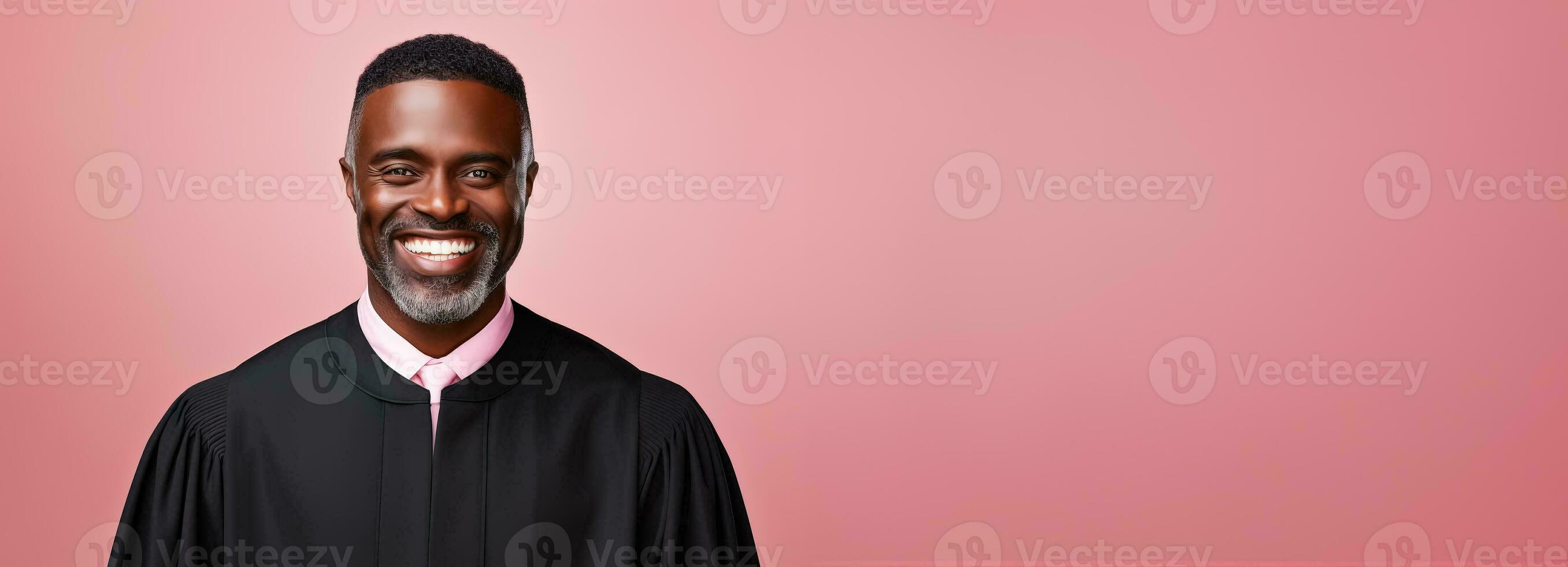 Successful black male judge smiling at the camera isolated on pastel background photo