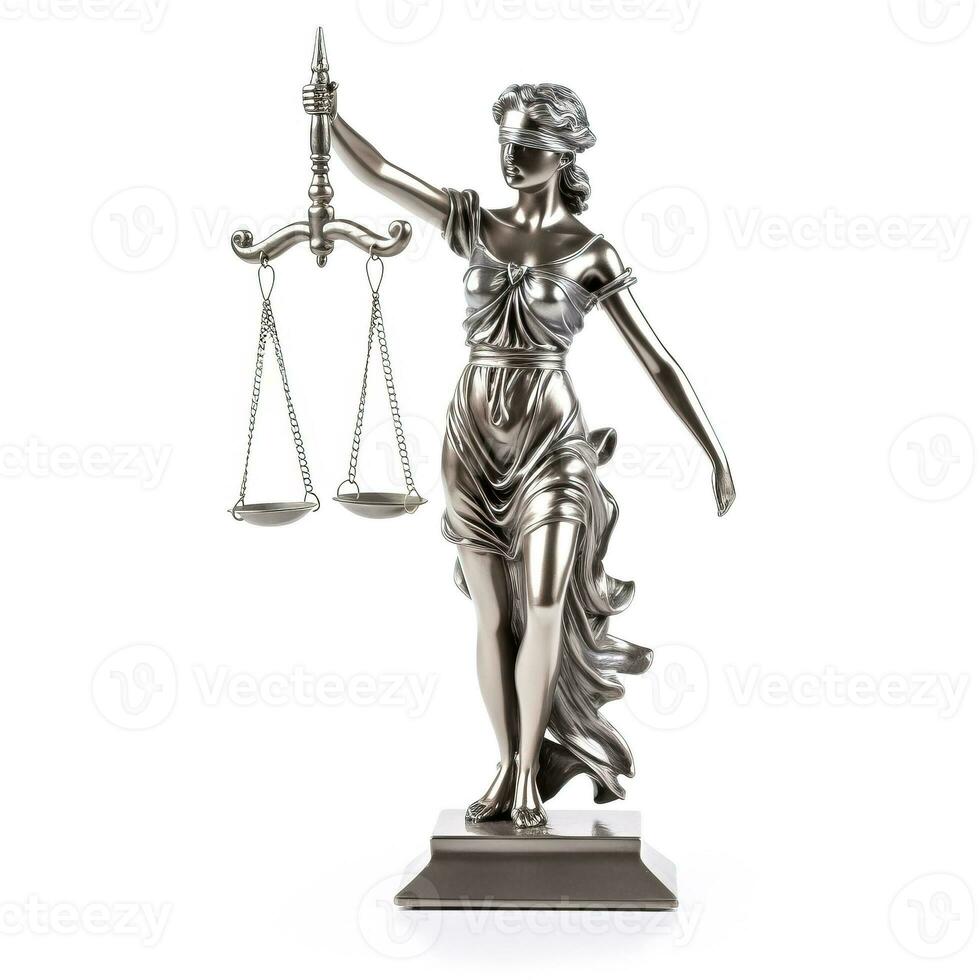 Metal statue of lady justice blindfolded with scales isolated on white photo