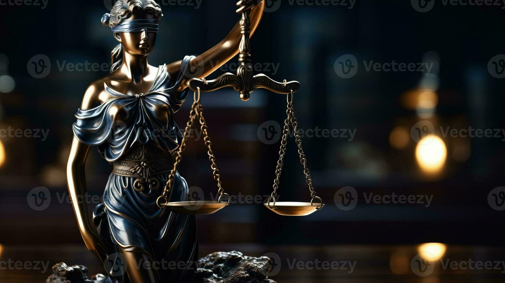 Lady of justice statue blindfolded guardian isolated on dark blue background with a place for text photo
