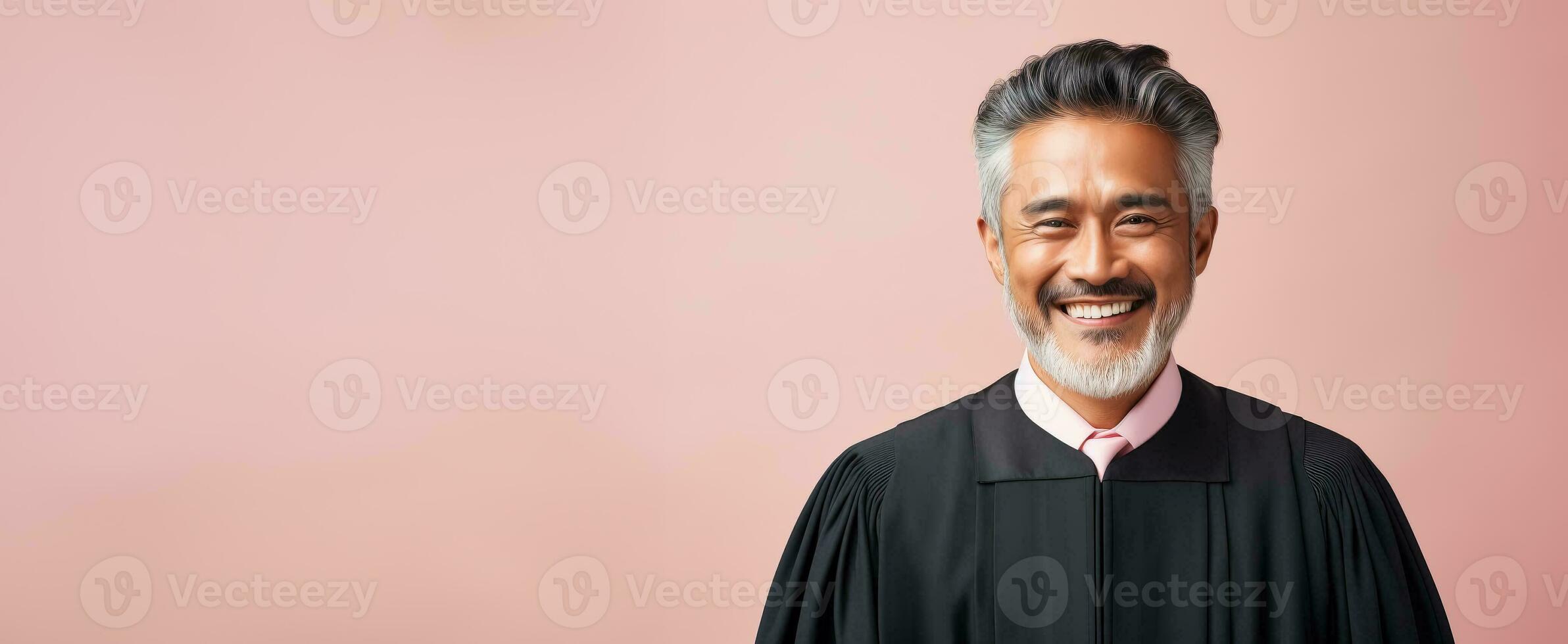 Successful male judge smiling at the camera isolated on pastel background photo