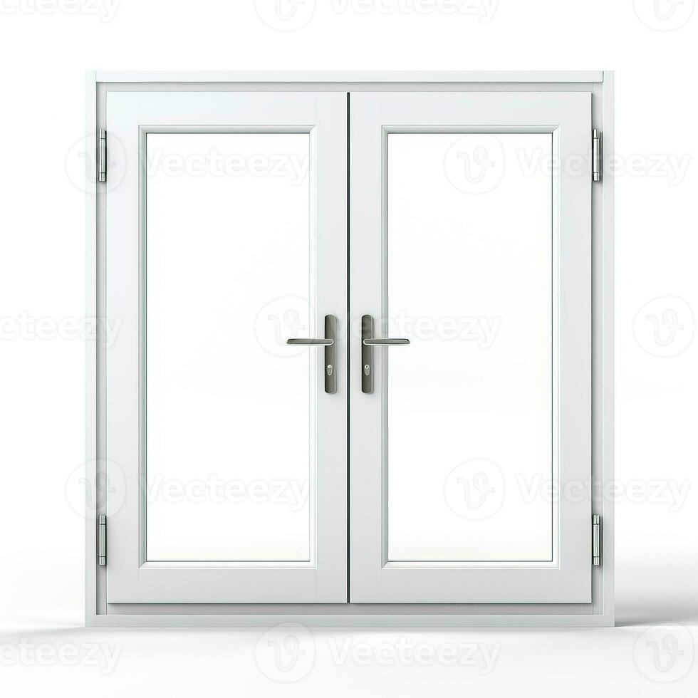 White plastic double door opened window isolated on white background photo