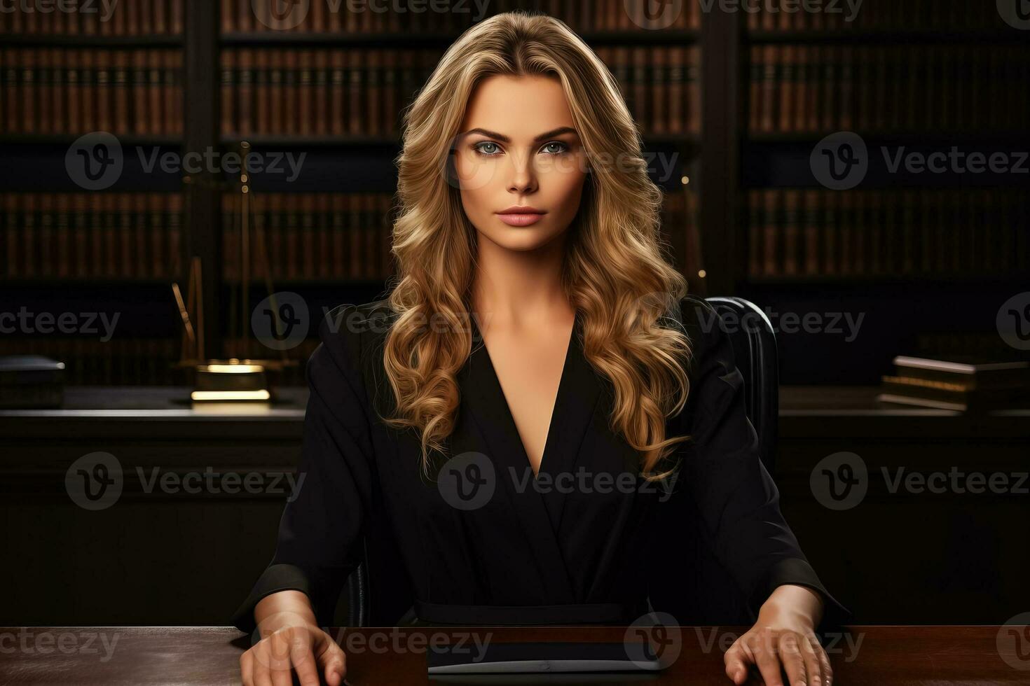 Female judge on dark background with a place for text photo