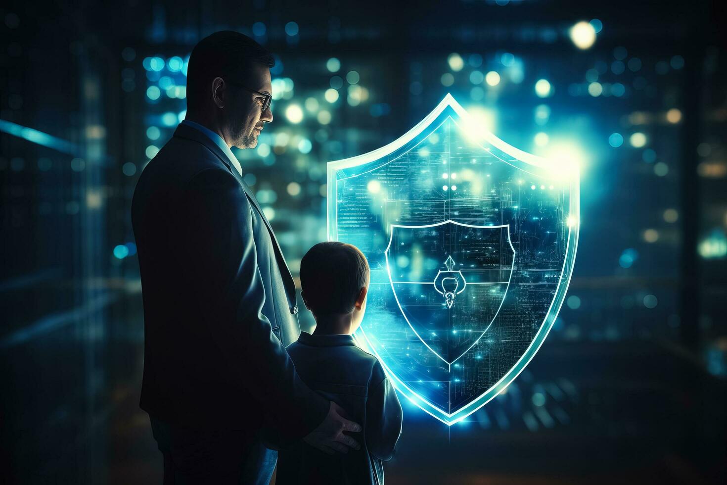 Businessman holding shield protect icon with his child security protection and health insurance photo