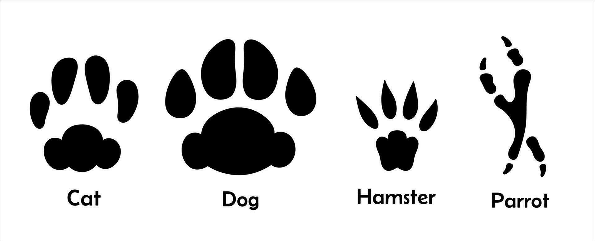 Different pets paw print silhouette set. Cat, dog, parrot and hamster footprint vector illustration. Domestic Animal tracks isolated on white background.