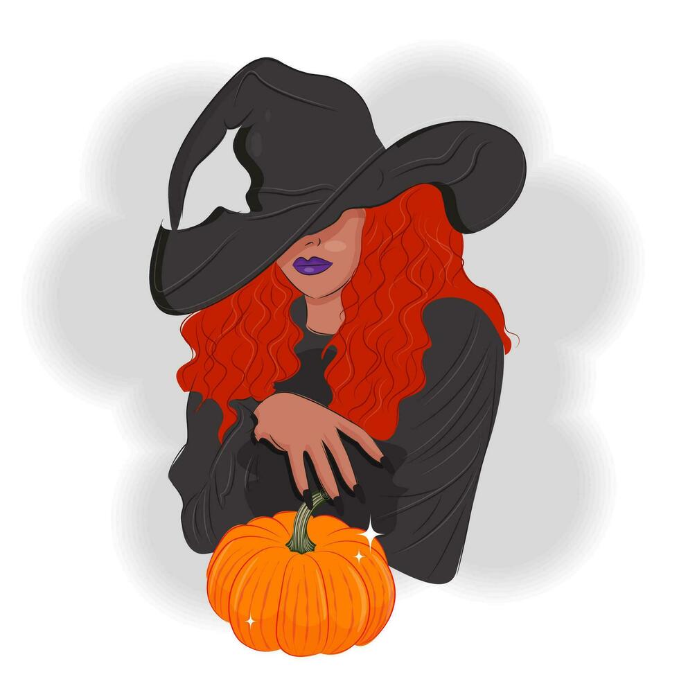 Halloween holiday Beautiful witch in a hat against the moon, fashion vector illustration print