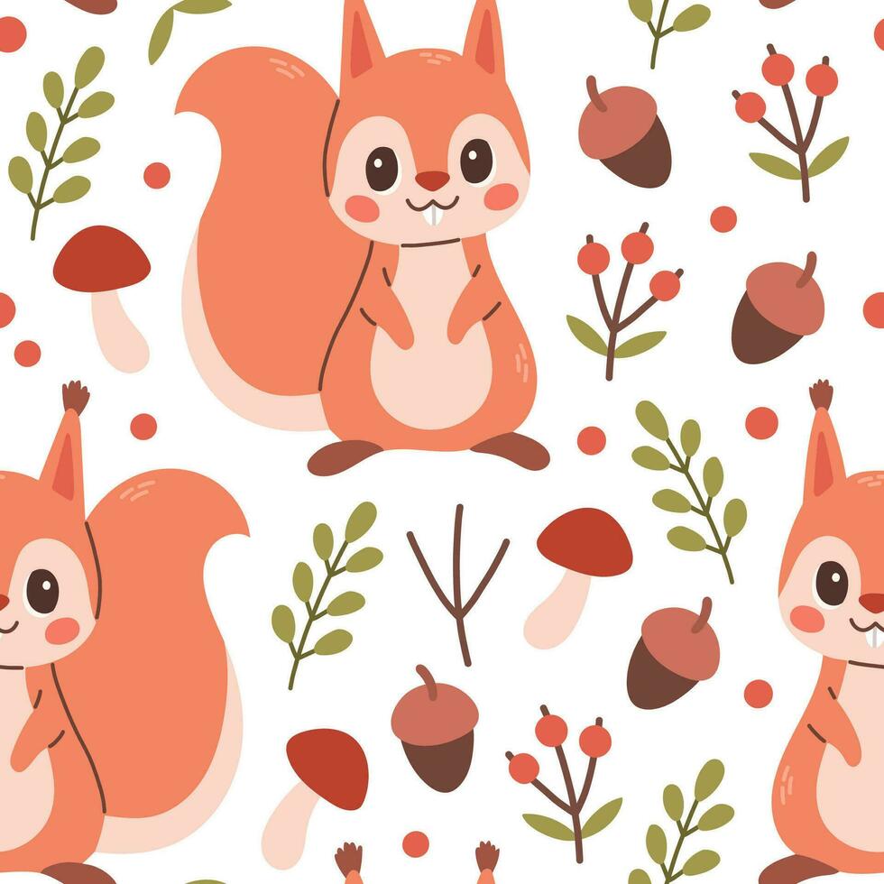 Fall pattern with squirrel. Seamless woodland pattern with leaves and cute forest animal on white background. Vector illustration
