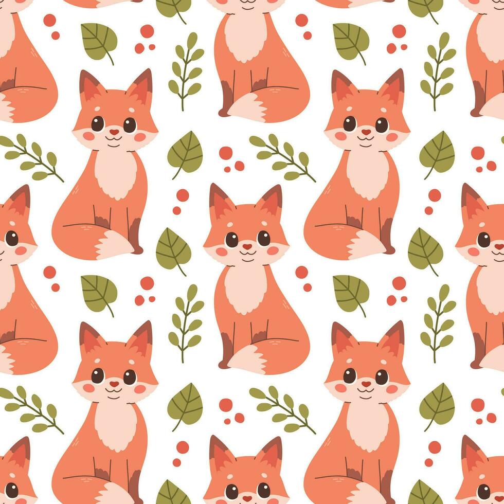 Fall pattern with fox. Seamless woodland pattern with leaves and cute forest animal on white background. Vector illustration
