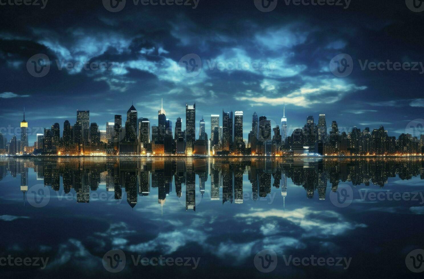 Panoramic skyline and modern commercial buildings, cityscape at night reflection on the water. Generative AI photo