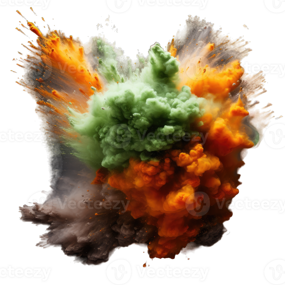 Explosion von Weiss, Grün und Orange Pulver. einfrieren Bewegung von Farbe Pulver explodiert. 3d Illustration, generativ ai png