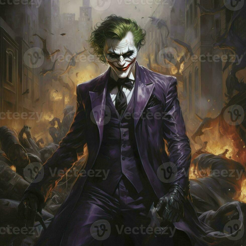 Smiling Joker at Dark City, Great Villain, Generative AI photo