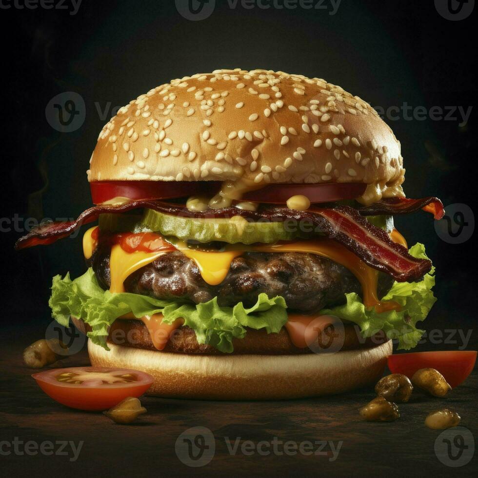 Fresh tasty burger isolated on dark background, Generative AI photo