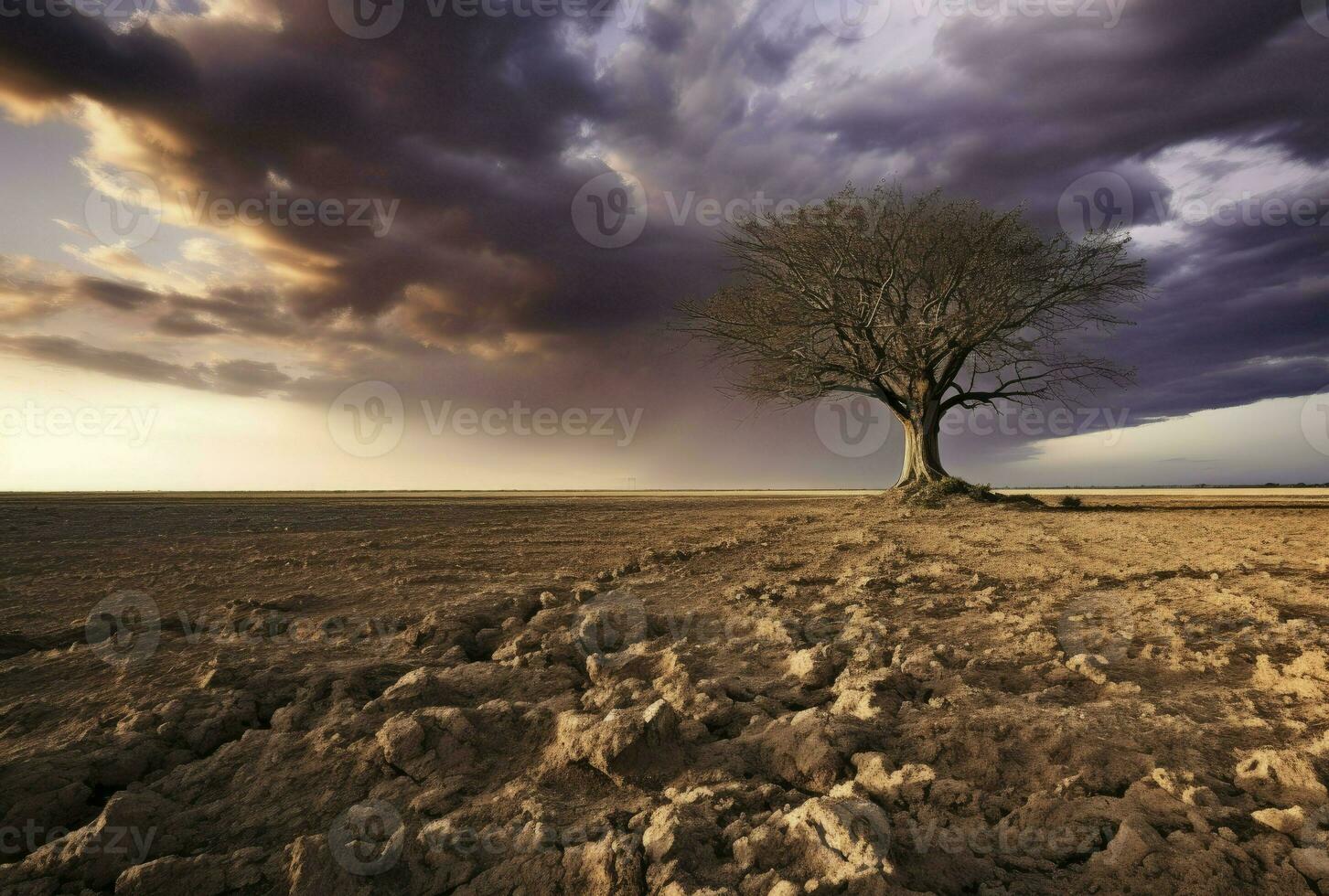 Lonely tree in desert with cloudly sky, beautiful landscape, Generative AI photo