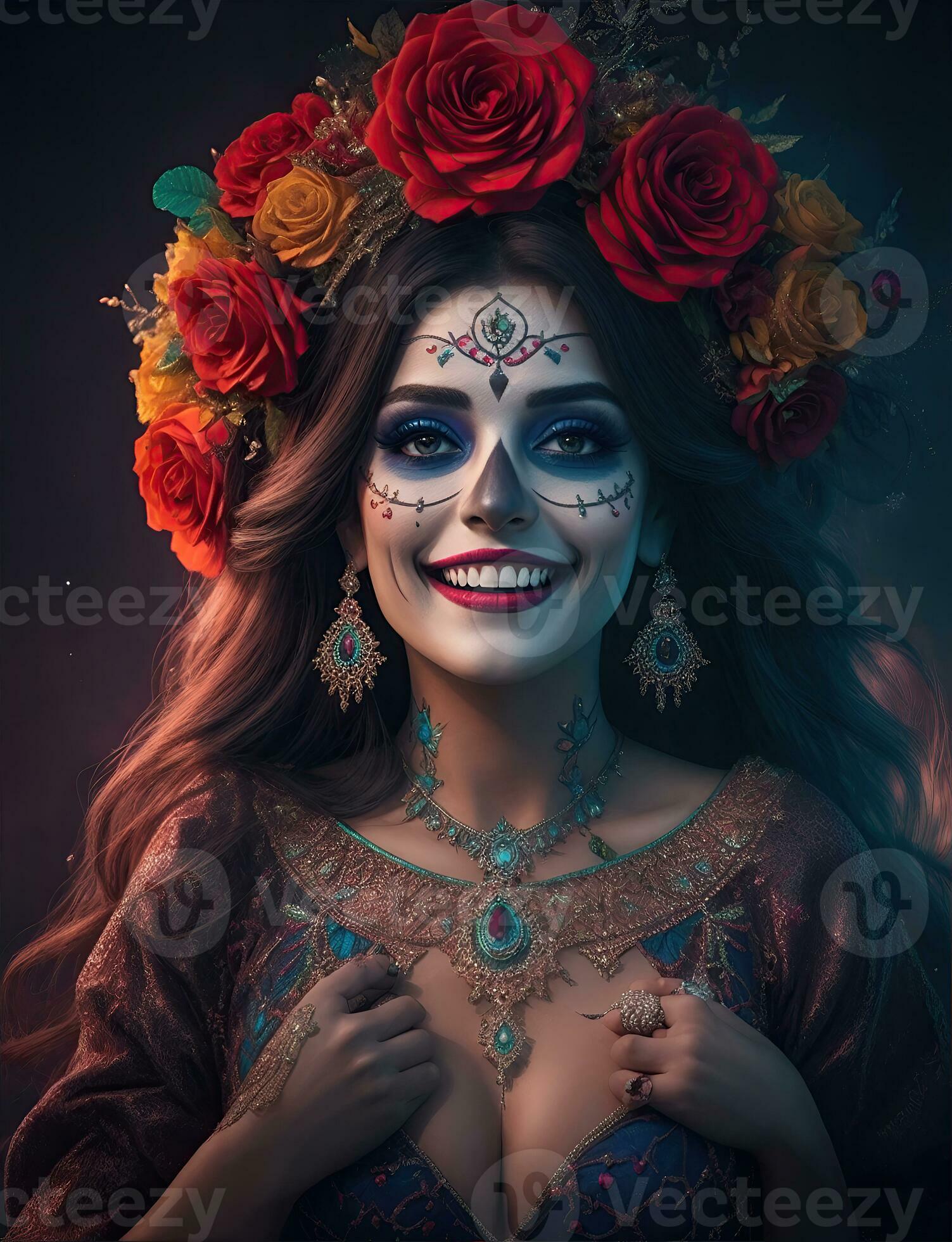 beautiful woman with painted skull on her face for Mexico's Day of the ...