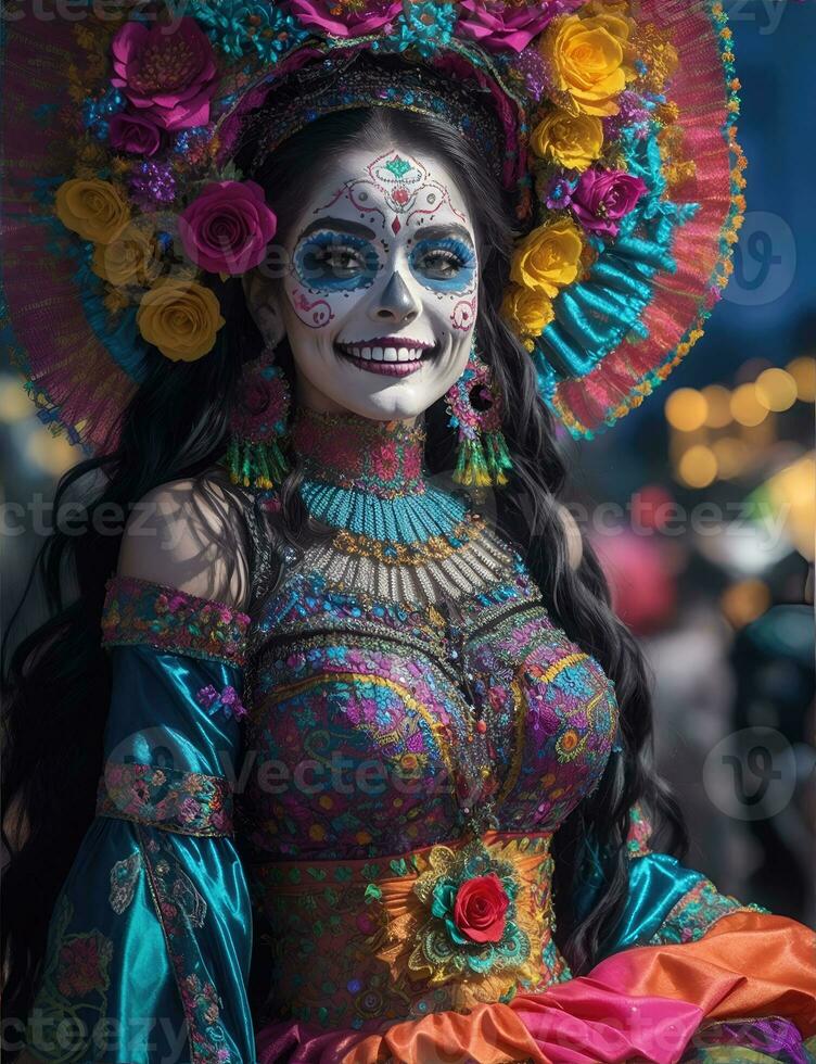 hermosa mujer con pintado cráneo en su cara para de mexico día de el muerto foto