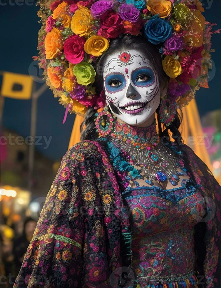 hermosa mujer con pintado cráneo en su cara para de mexico día de el muerto foto