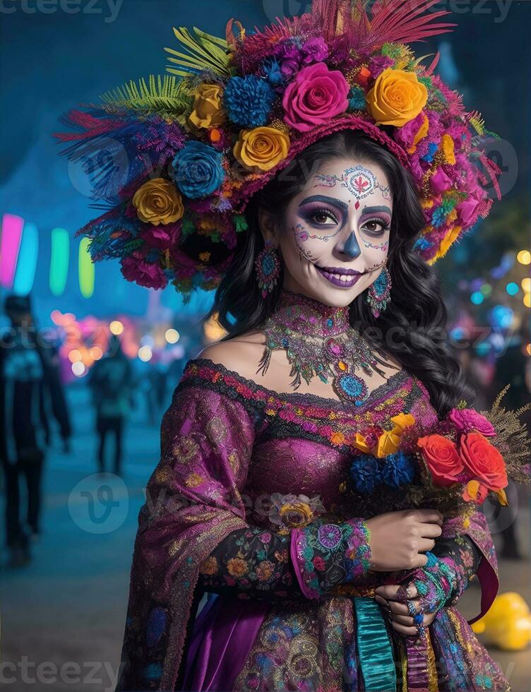 hermosa mujer con pintado cráneo en su cara para de mexico día de el muerto foto