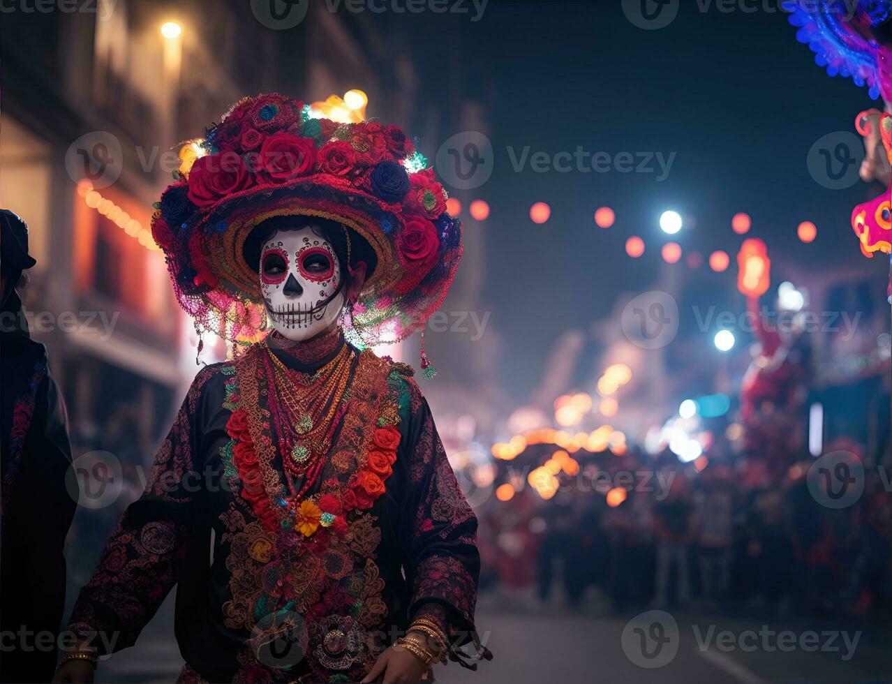 beautiful woman with painted skull on her face for Mexico's Day of the Dead photo