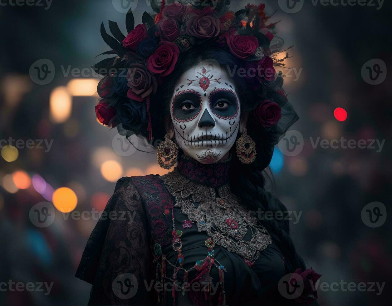 beautiful woman with painted skull on her face for Mexico's Day of the Dead photo