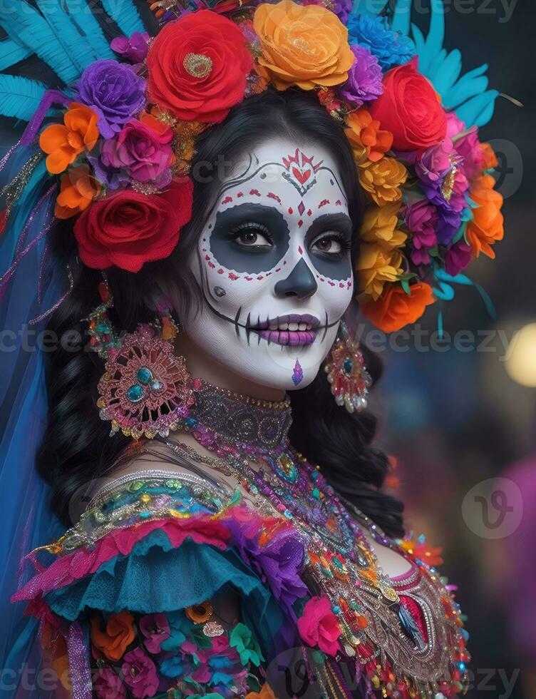 beautiful woman with painted skull on her face for Mexico's Day of the Dead photo