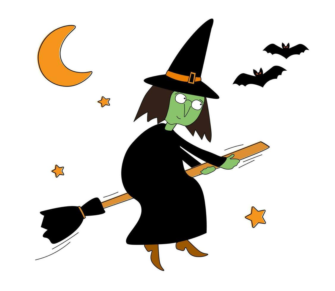 Cartoon witch flies on a broom against the background of the moon, stars, bats. Picture for Halloween. Vector graphics.