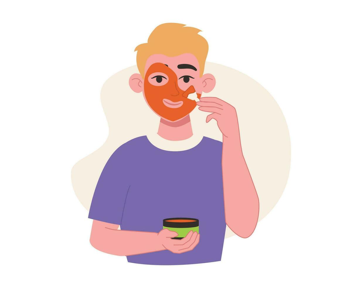 Skin care. Man applies a cosmetic mask on her face with a brush. Vector graphic.