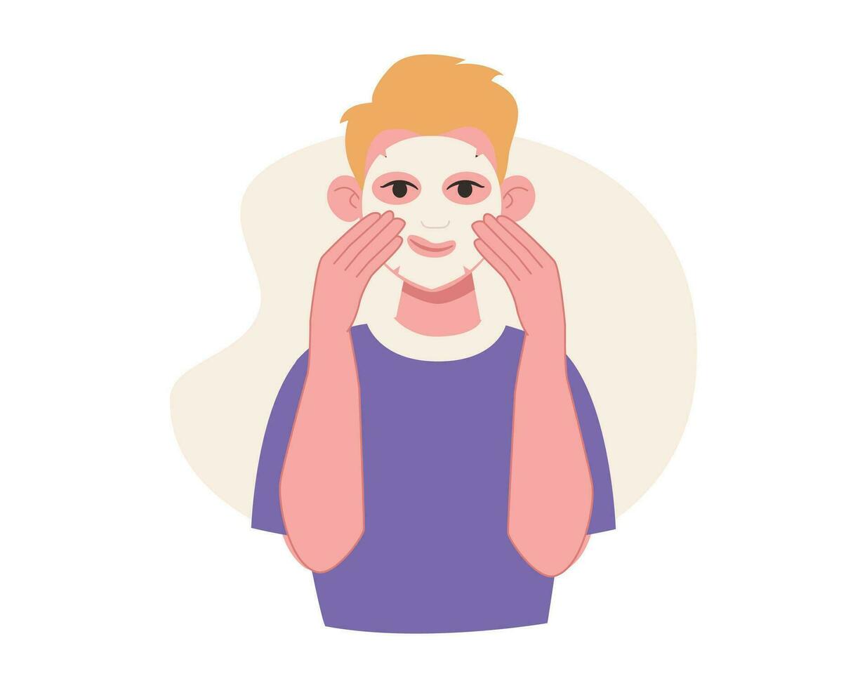 Skin care. Man puts on a cosmetic sheet mask on her face. Vector graphic.