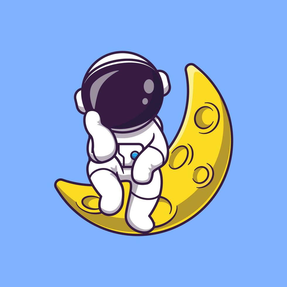 Astronaut Sitting On Moon Cartoon Vector Icon Illustration.  Science Technology Icon Concept Isolated Premium Vector.  Flat Cartoon Style