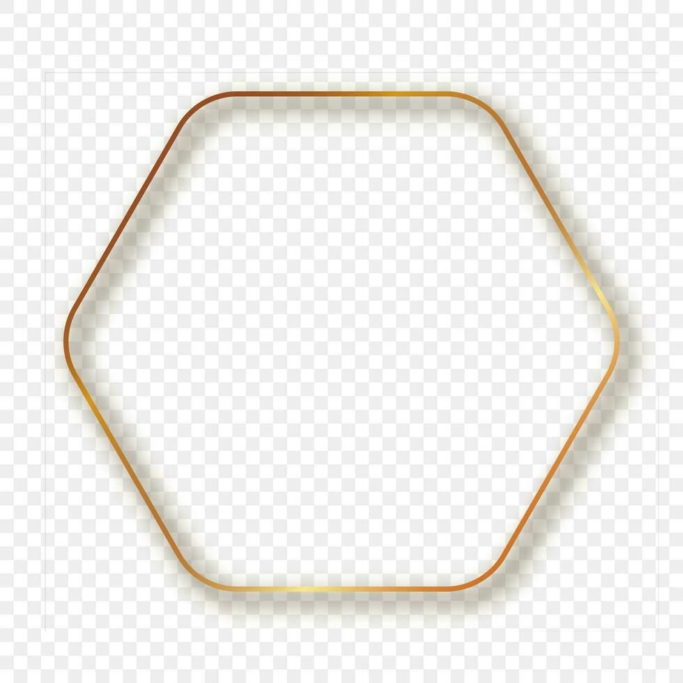 Gold glowing rounded hexagon frame with shadow vector