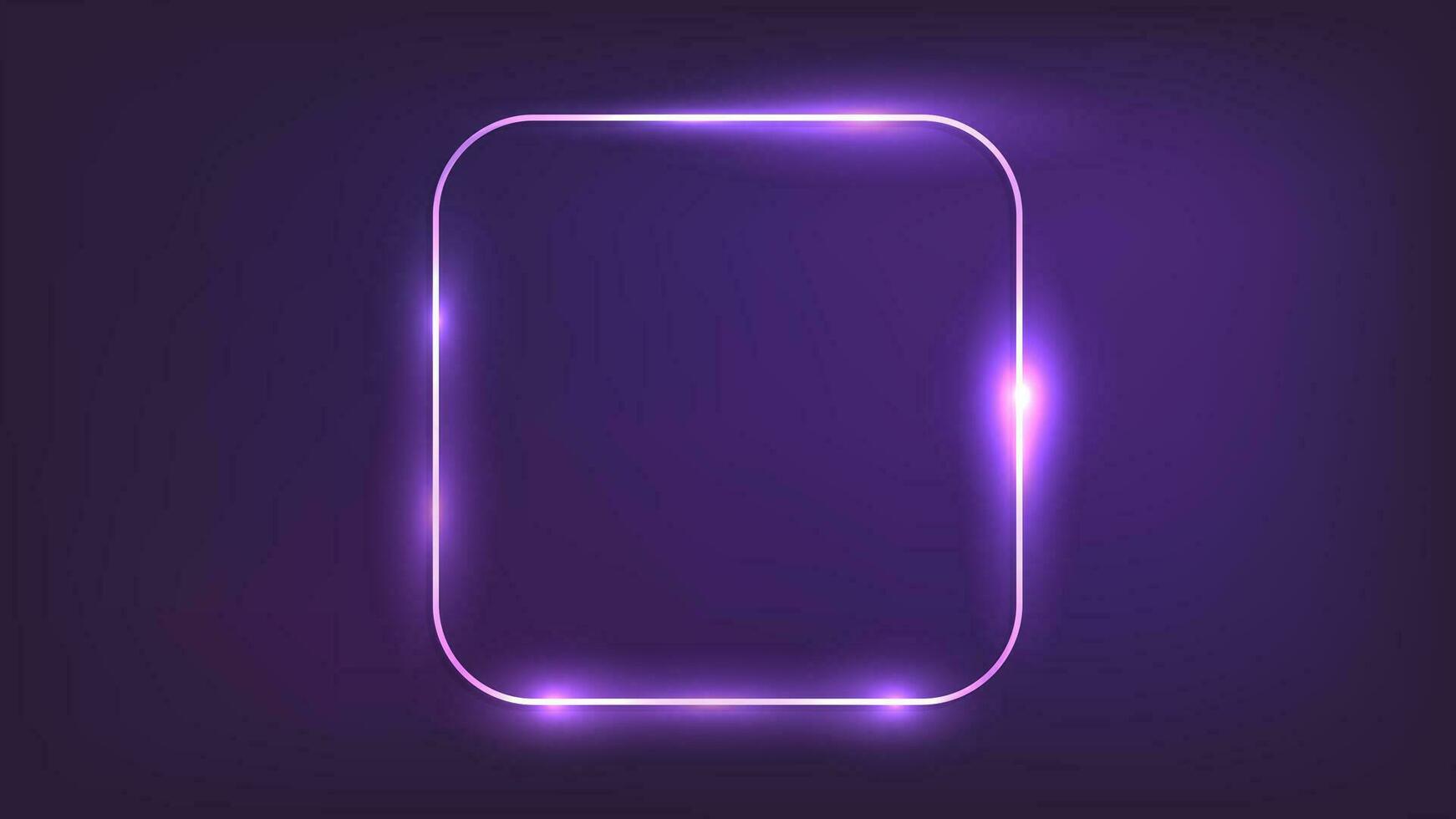 Neon rounded square frame with shining effects on dark background. Empty glowing techno backdrop. Vector illustration.