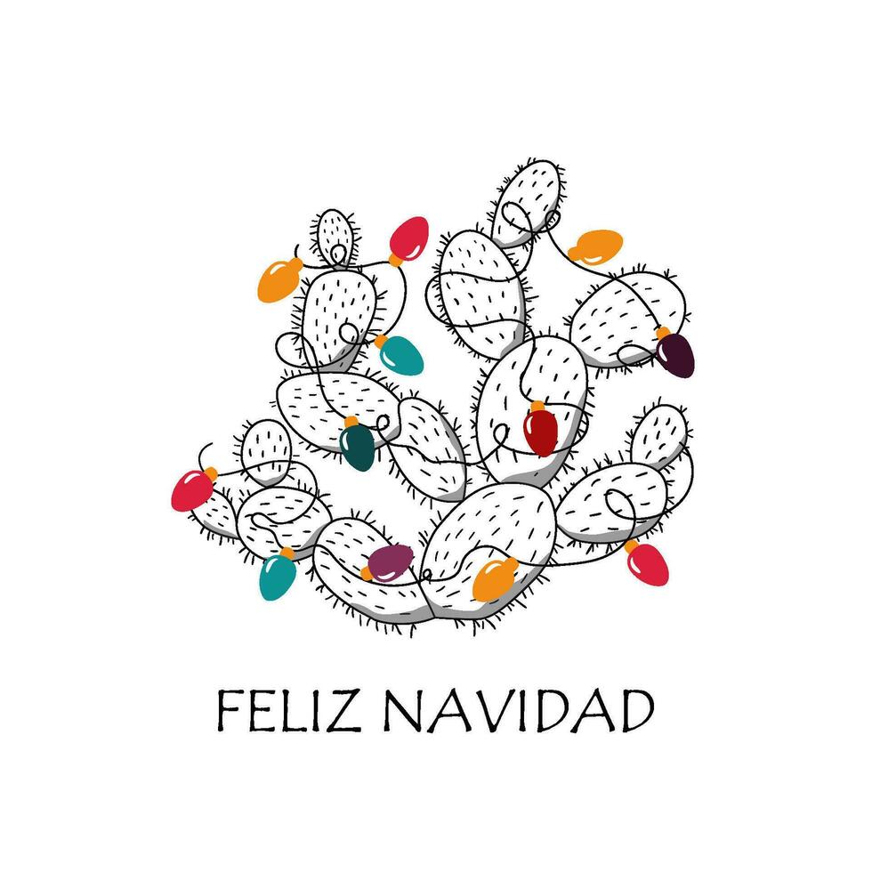 Navidad cactus con luces ilustración para tropical Navidad decoración. moderno línea Arte cactus elemento con texto alegre Navidad en español. negro y blanco cactus imprimir, vector botánico Desierto impresión.