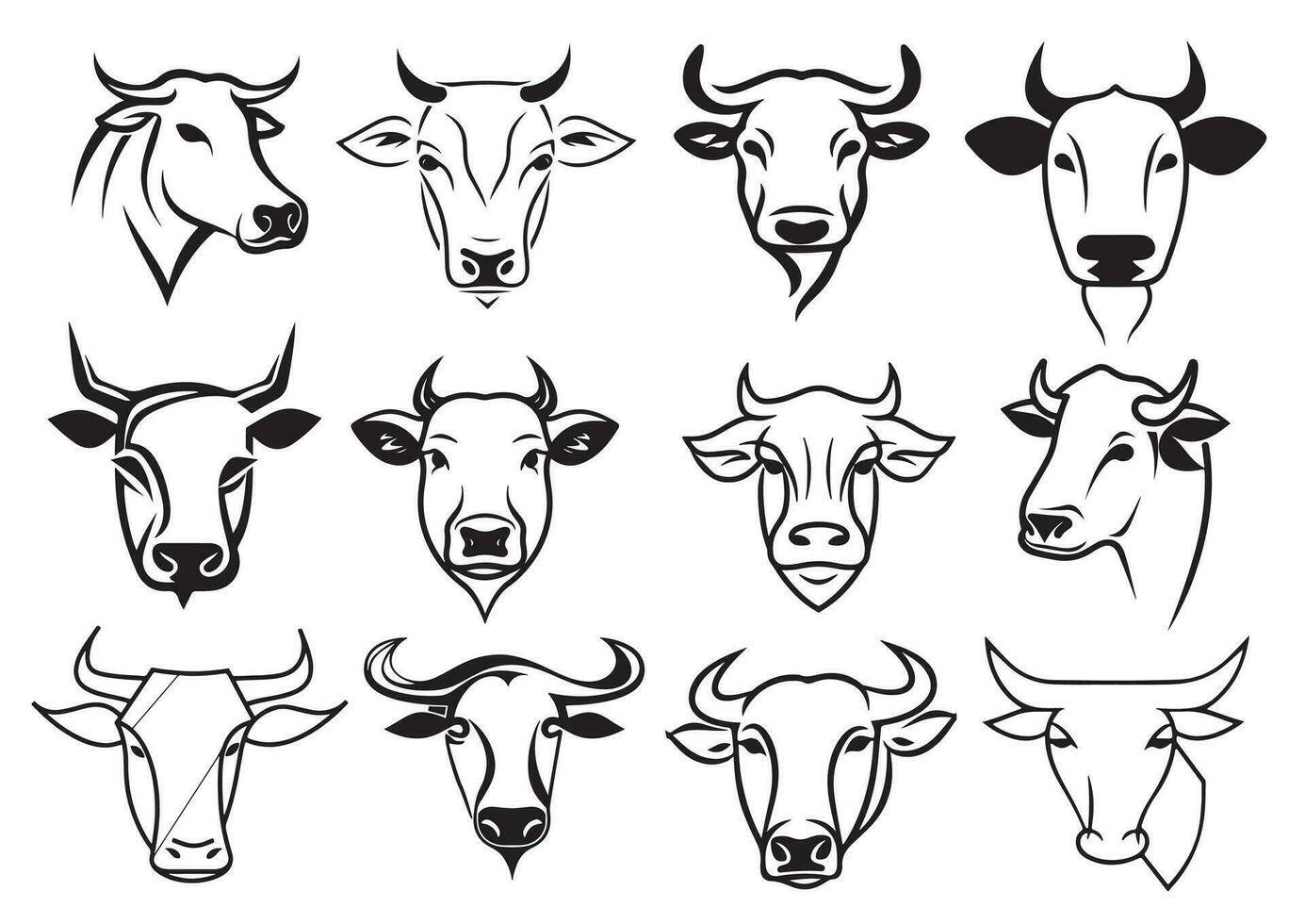 Cow head logo set sketch hand drawn Vector illustration, Cattle