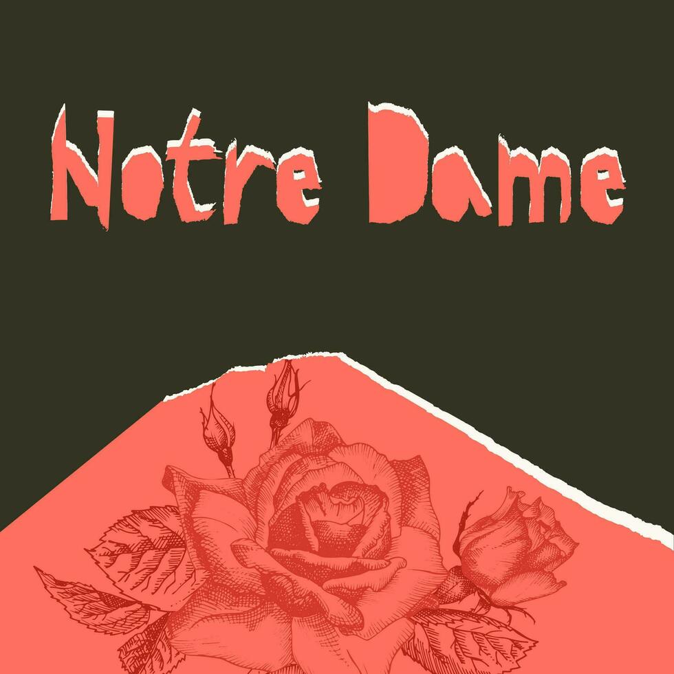 Notre Dame de pary poser. Torn paper style. Roses flower theme Creative design background for social media post, publishing, blogs. Red and black color vector