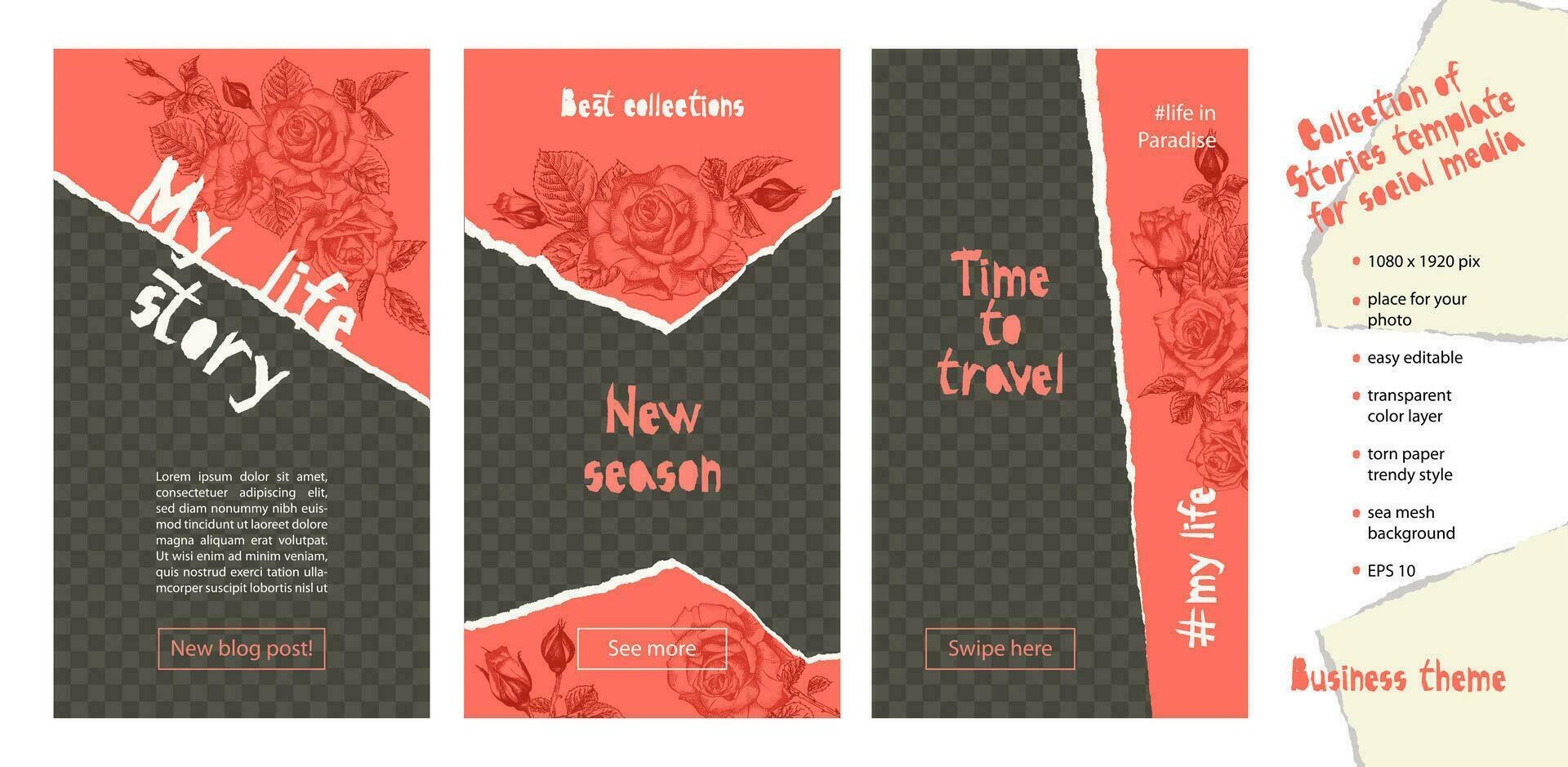 Trendy easy editable template for social media stories in torn paper style. Roses flower theme Creative design background for individual and corporate web promotion, blogs vector