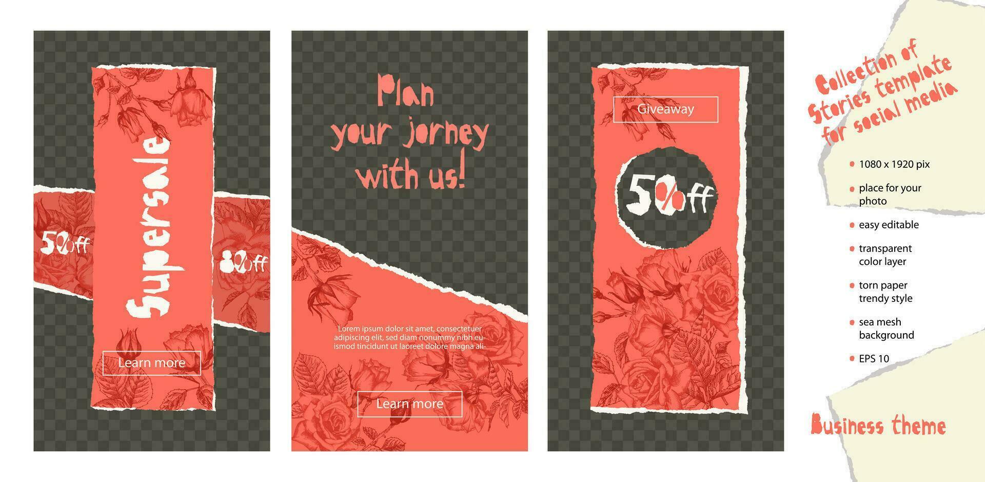 Trendy easy editable template for social media stories in torn paper style. Roses flower theme Creative design background for individual and corporate web promotion, blogs vector