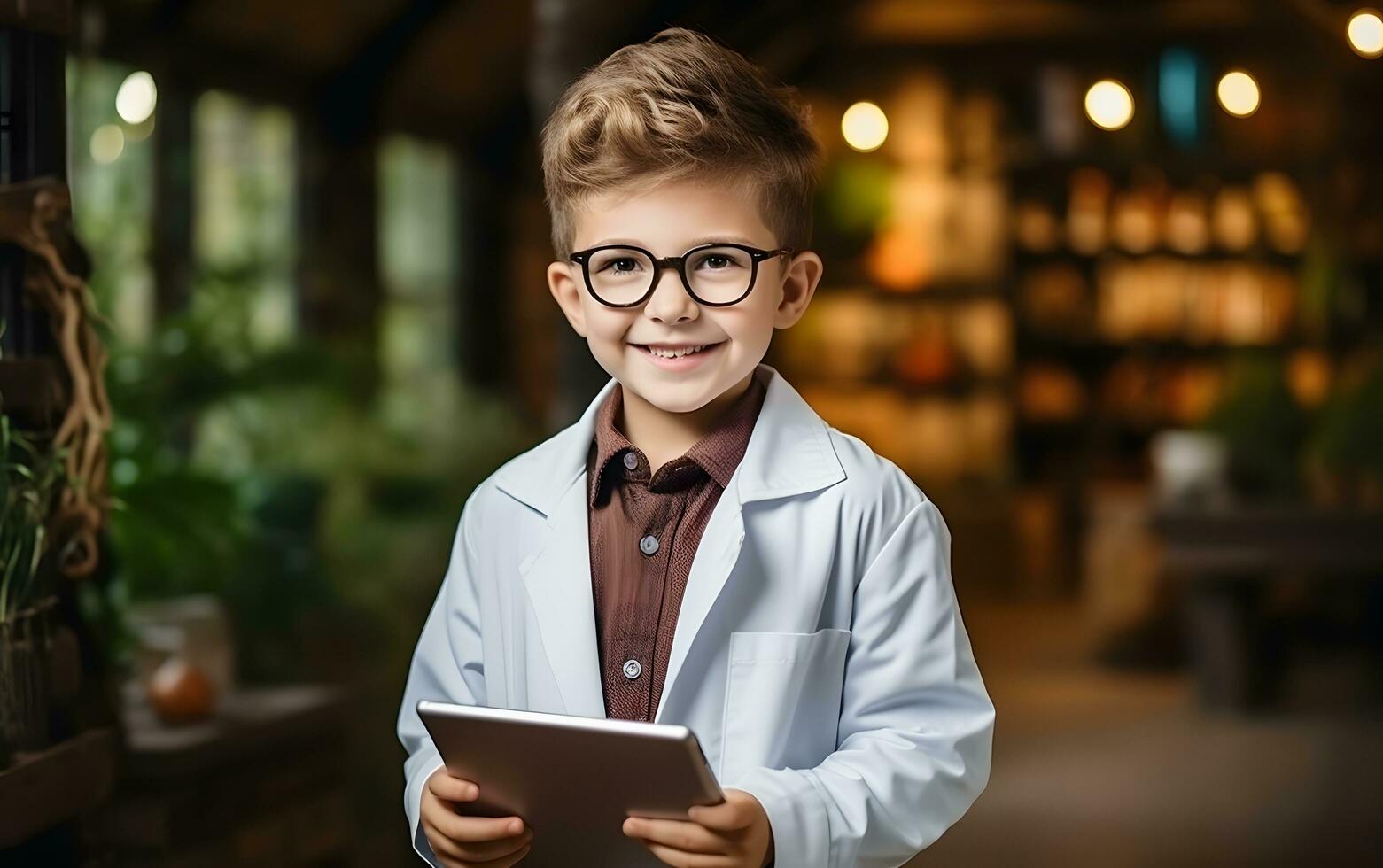 Happy little kid in doctor costume. AI Generated photo