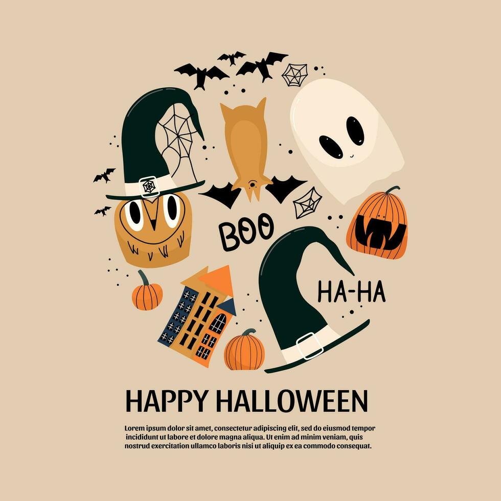 Happy Halloween card design with owl, pumpkin, witch hat, houses, hats, ghost. Vector illustration in cartoon style.