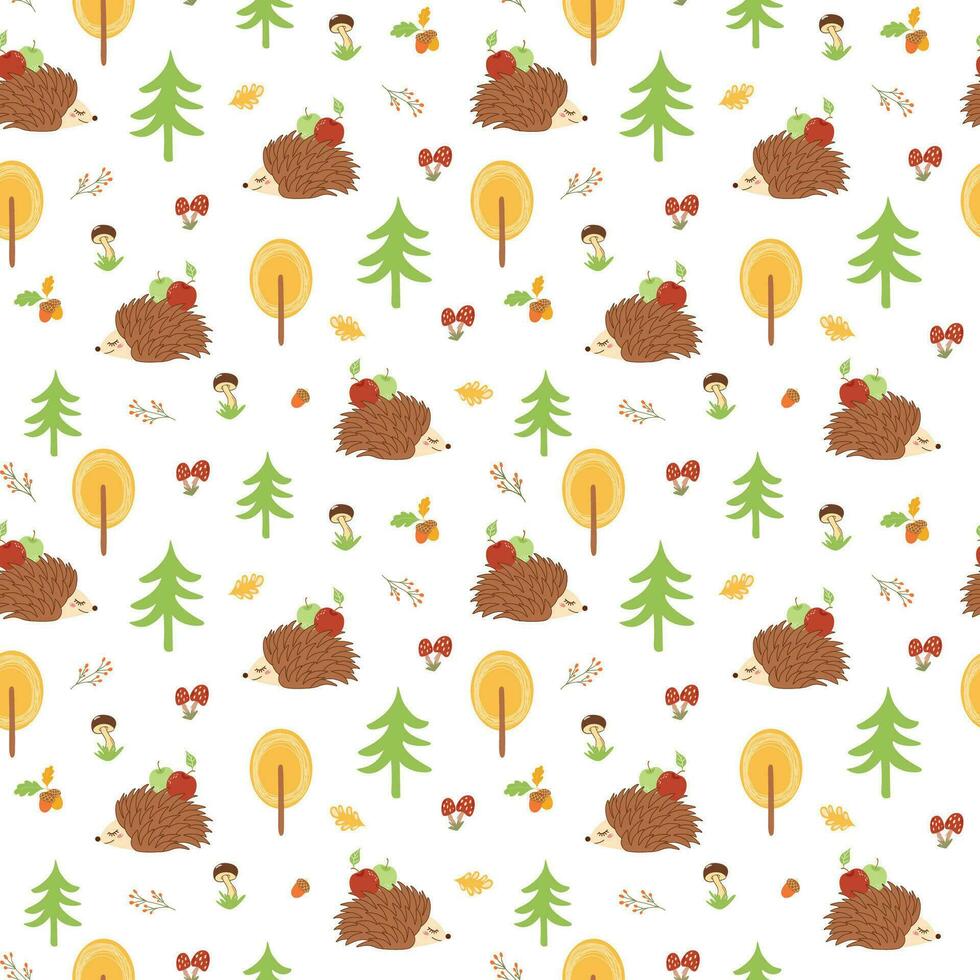 Hedgehog seamless pattern. Autumn forest seamless pattern Colorful fall background. Nature print, wallpaper. Cute animal, trees autumn leaves acorn hedgehog with apples mushrooms. Vector illustration.