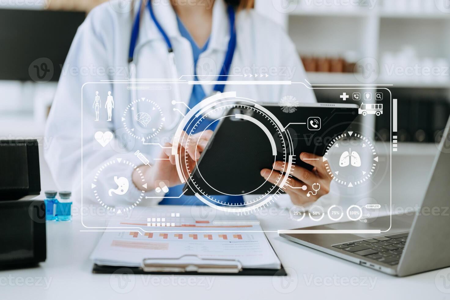 health care business graph data and growth, Medical examination and doctor analyzing medical report network connection on tablet screen. photo