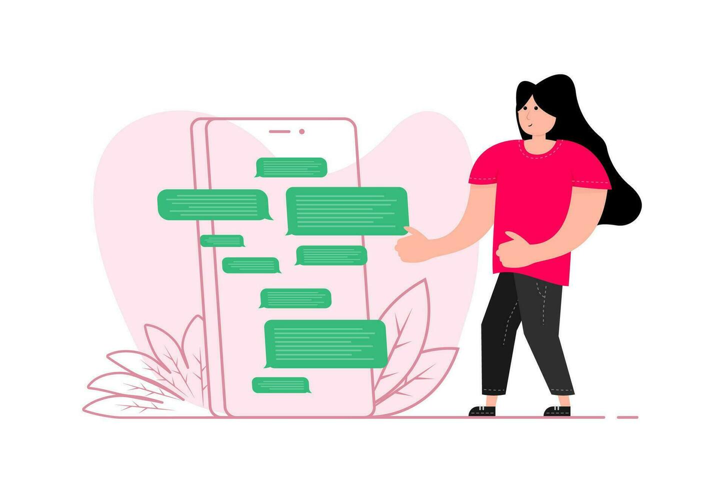 A woman stands near the smartphone, on the screen messenger chat. Message, speech bubbles. vector