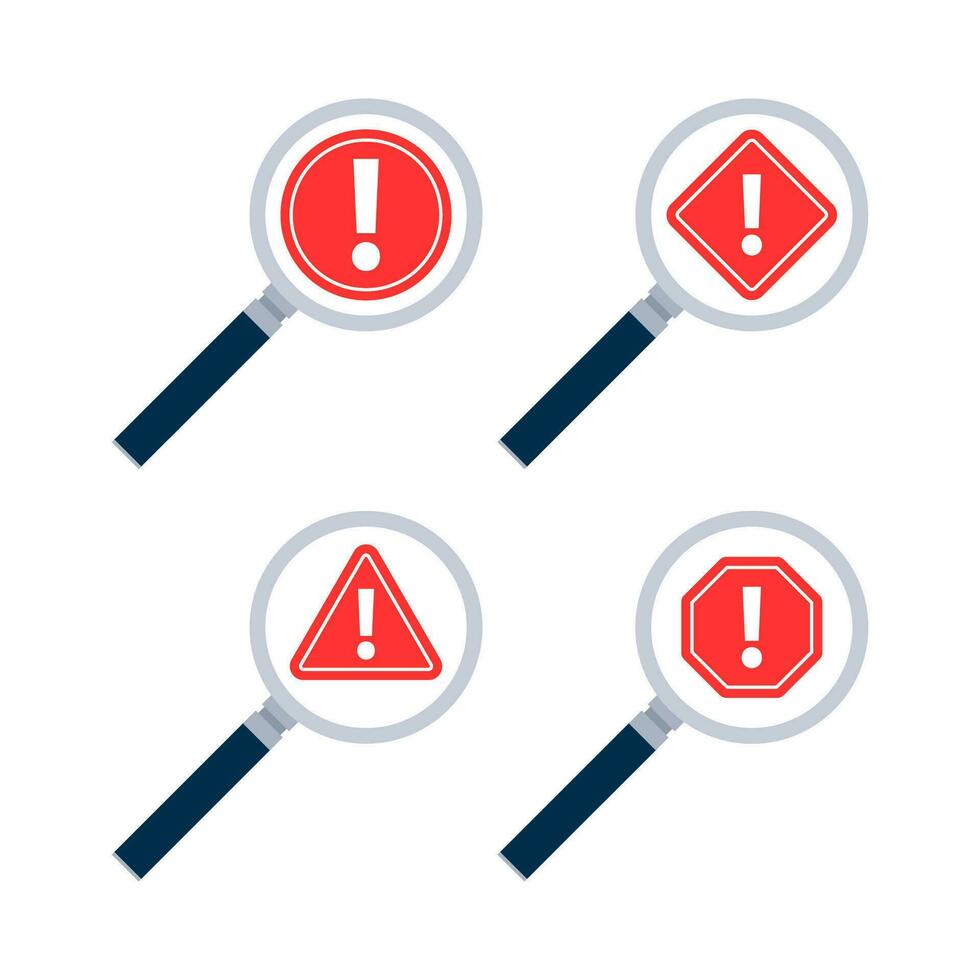 Alert sign in magnifying glass. Attention sign. Exclamation sign. vector