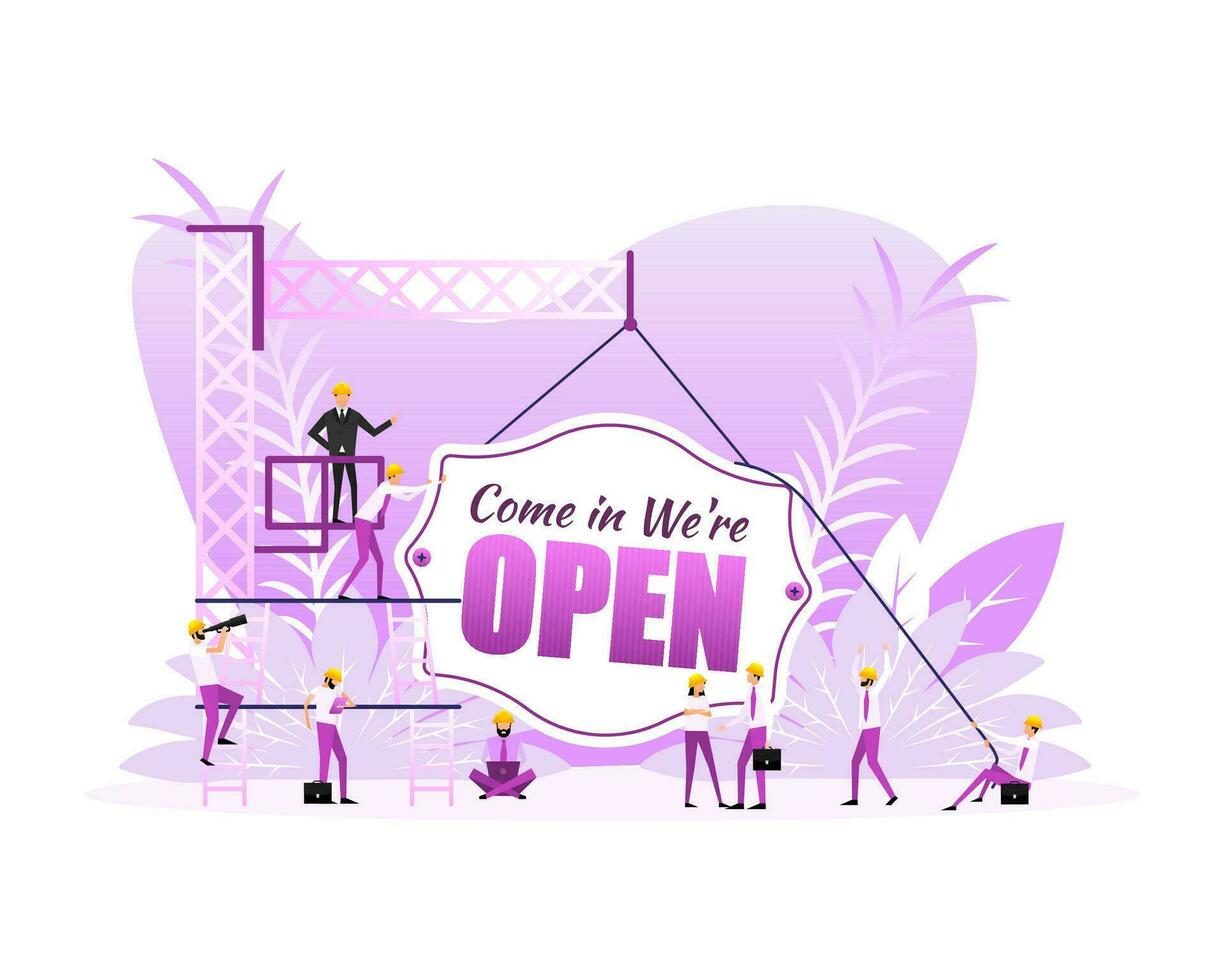 Come in we are open sign door, many people. Vector illustration