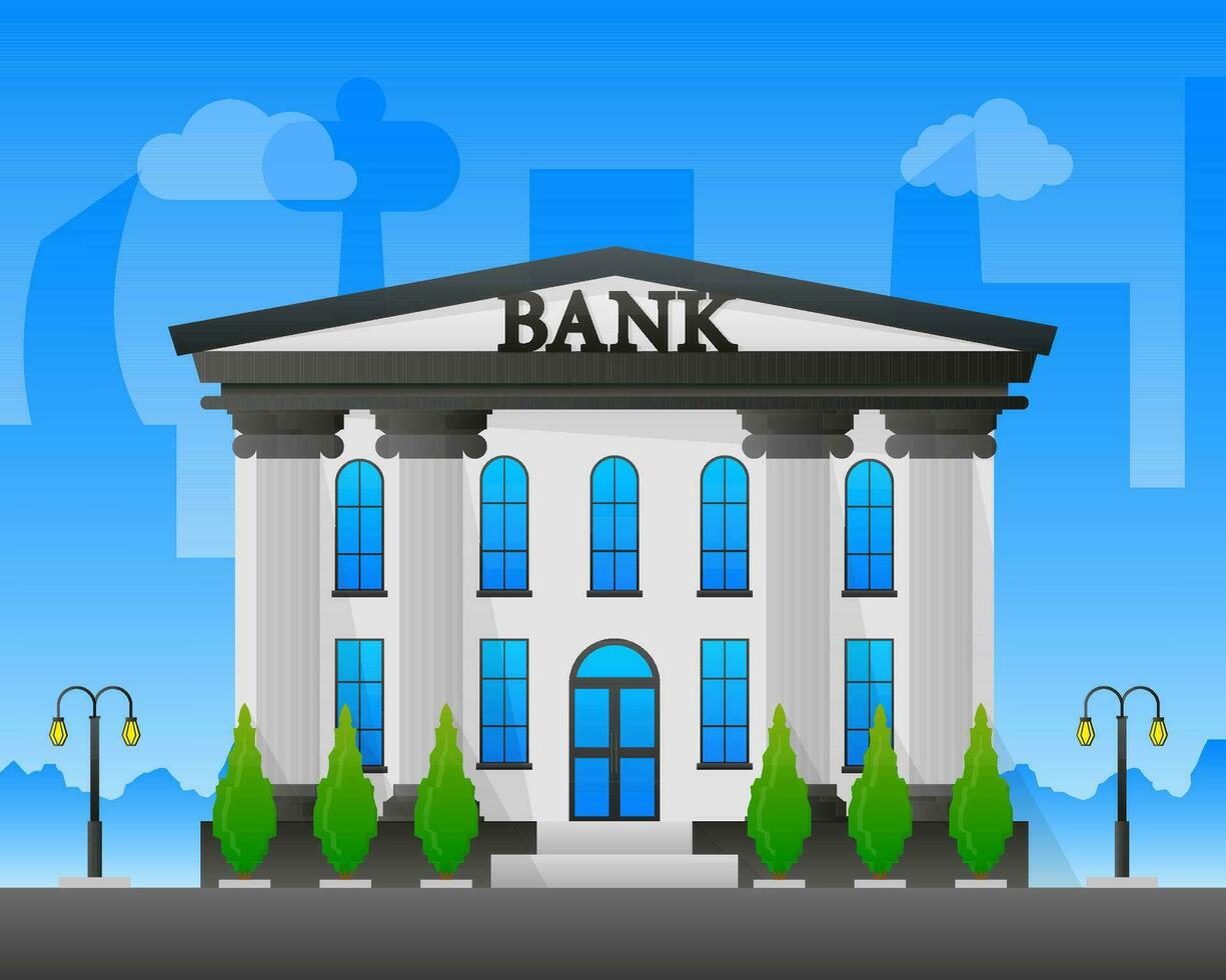 Bank building. Online banking. Money exchange, financial services, ATM. Vector stock illustration.