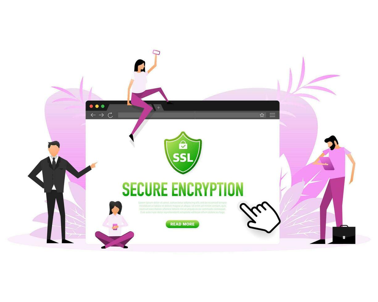 SSL encryption label. Flat people. Secure banner. Vector illustration