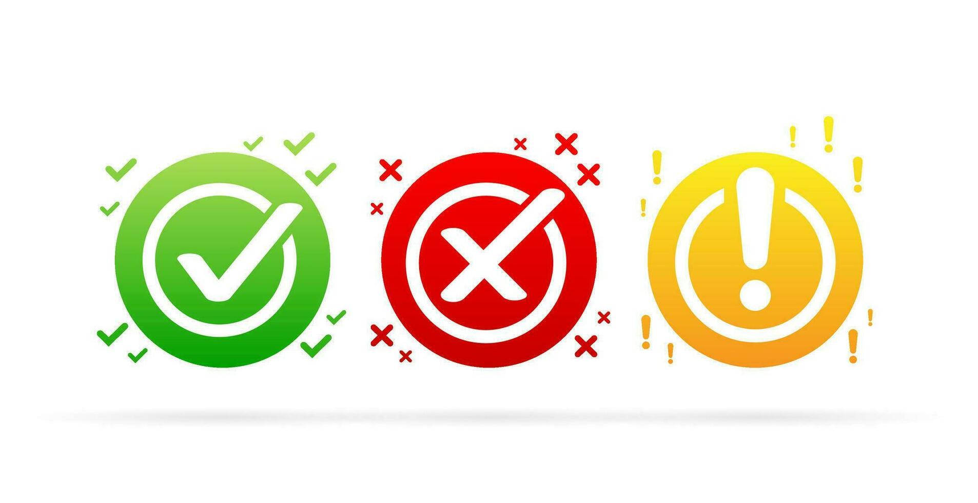 Check, alert and uncheck, exclamation point. Caution alarm, danger sign vector