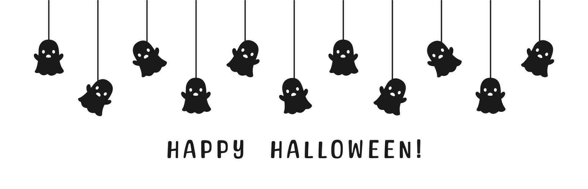 Happy Halloween banner border with ghost hanging from spider webs. Spooky Ornaments Decoration Vector illustration, trick or treat party invitation