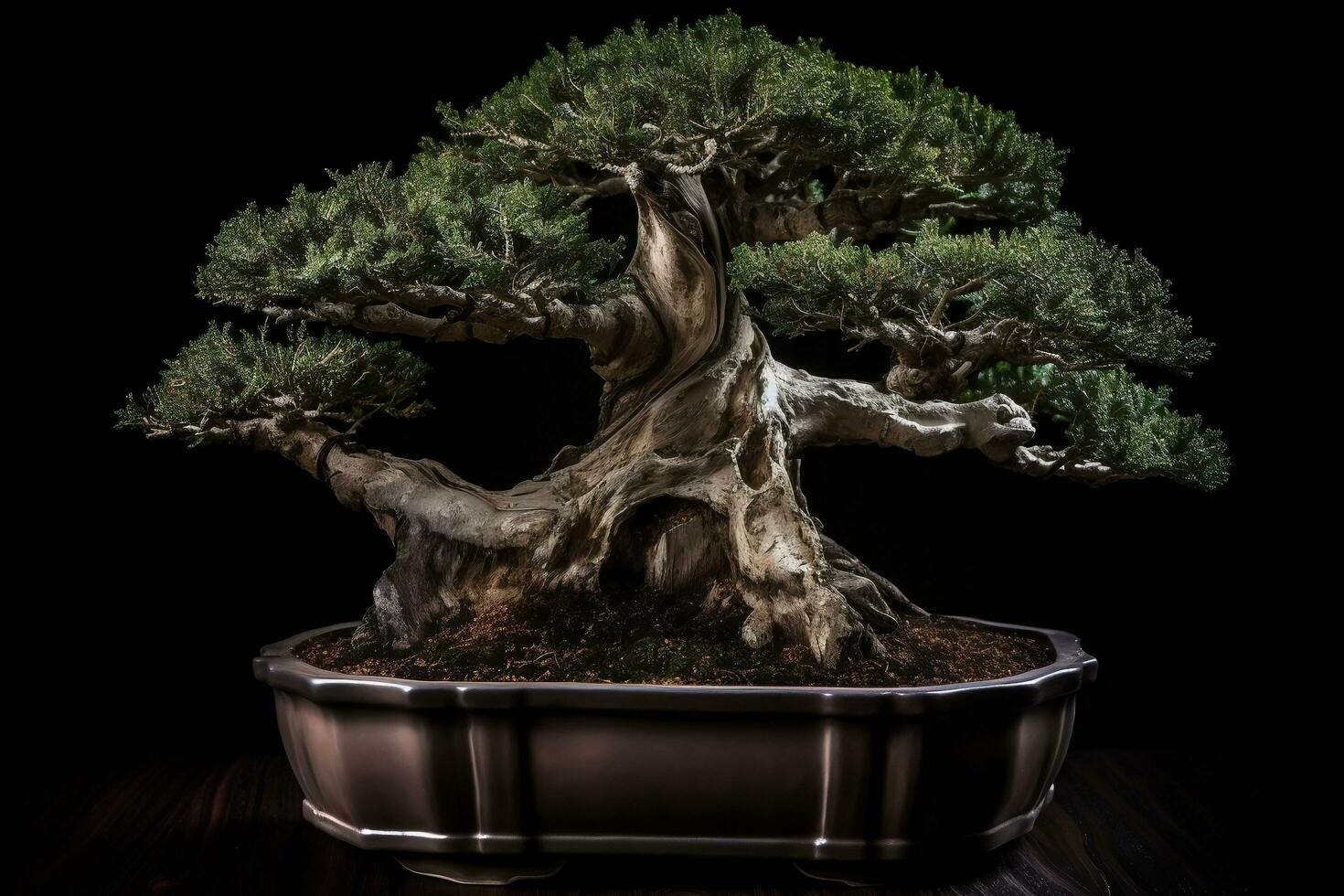 Aged bonsai tree isolated on black background generative ai photo